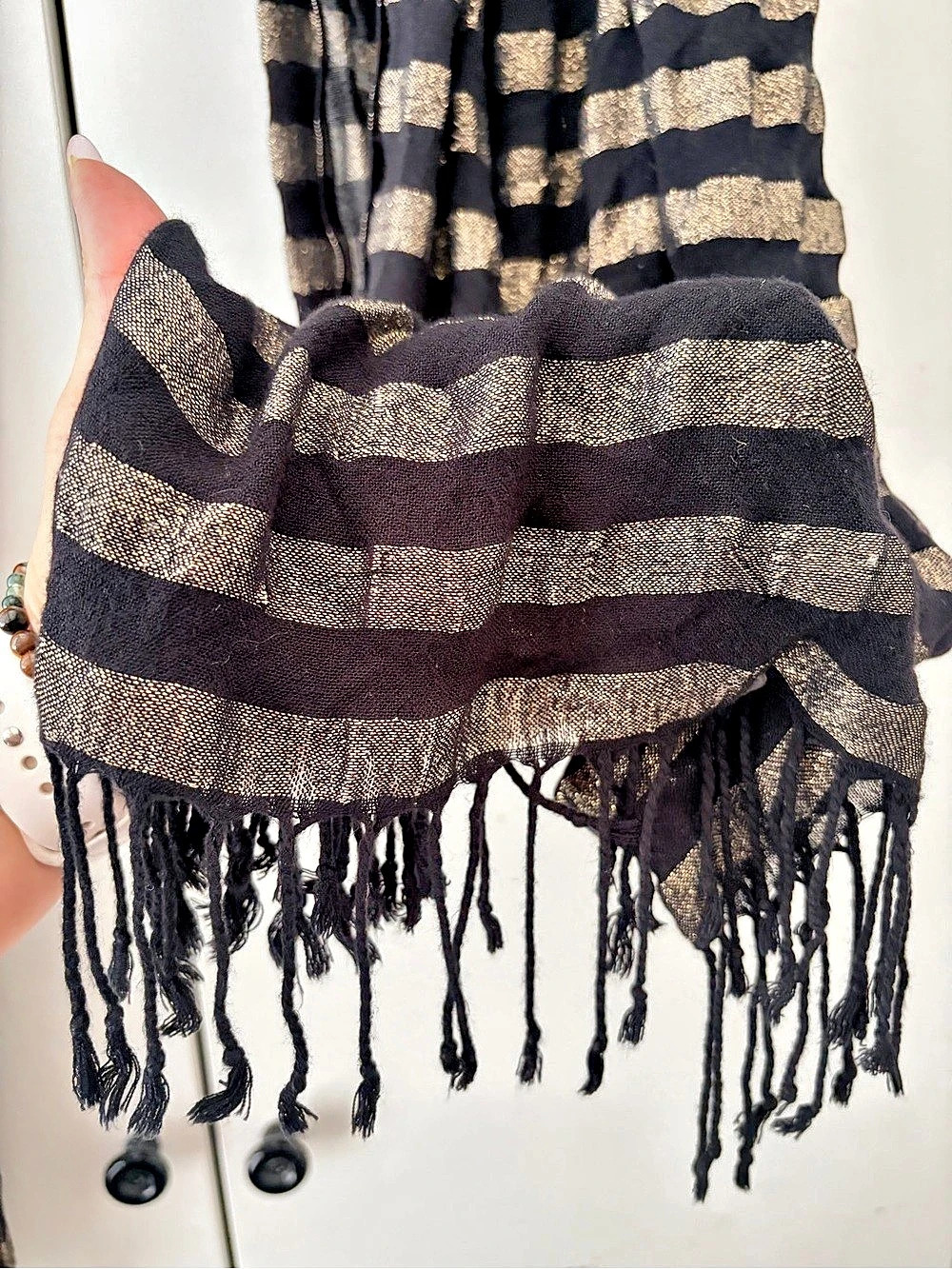 INC International Concepts Striped Fringe Scarf in Black & Gold - Picture 5 of 6